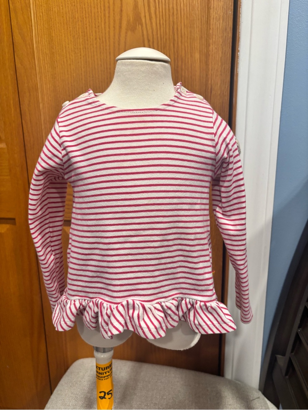Girls' Pink & White Striped Long-Sleeve Ruffle Hem Top